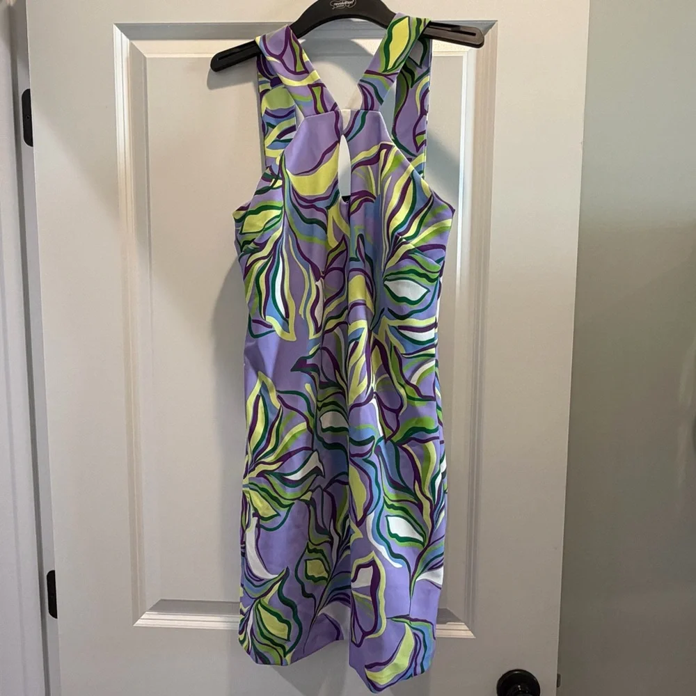 Boston Proper Purple Midi Dress with Green and Blue Abstract Leaf Print - Picture 1 of 6